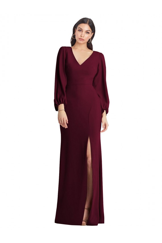 Long Puff Sleeves Stretch Crepe Burgundy Gold Trumpet Semi Formal Evening Dress