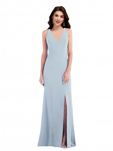 Long Sleeveless Stretch Crepe Light Sky Blue Trumpet V-Neck Evening Dress for Sale