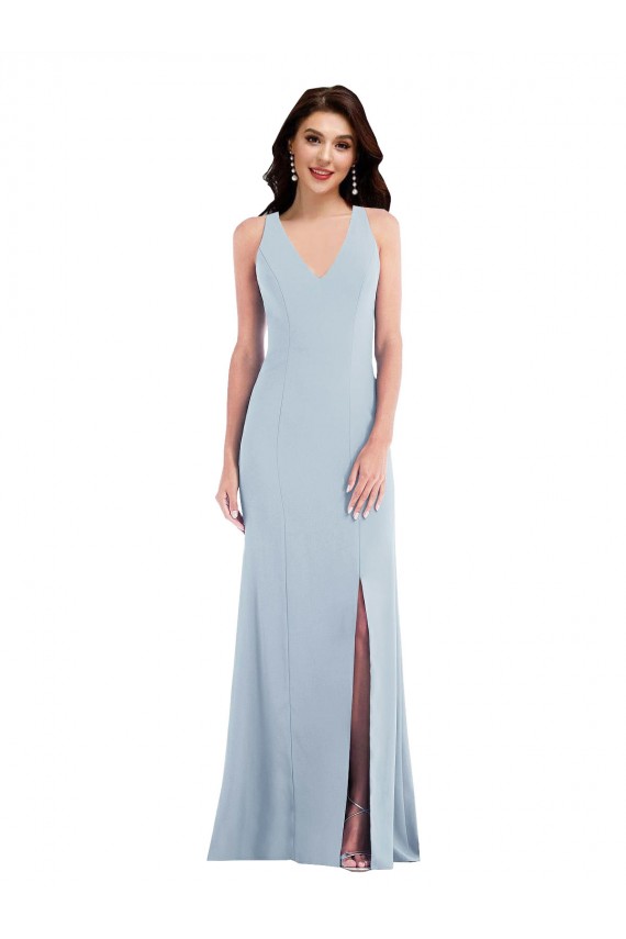Long Sleeveless Stretch Crepe Light Sky Blue Trumpet V-Neck Evening Dress