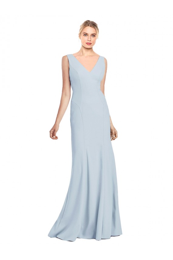 Long Sleeveless Stretch Crepe Light Sky Blue V-Neck Evening Dress