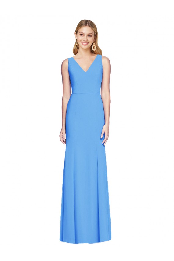 Long Sleeveless Stretch Crepe Peacock Blue Trumpet Semi Formal Evening Dress