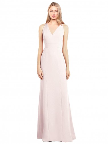 Long Sleeveless Stretch Crepe Pink V-Neck Trumpet Semi Formal Evening Dress for Sale