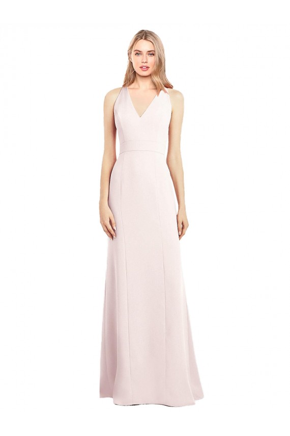 Long Sleeveless Stretch Crepe Pink V-Neck Trumpet Semi Formal Evening Dress
