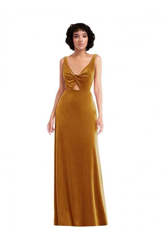 Long Sleeveless Stretch Velvet Gold Trumpet Semi Formal Evening Dress